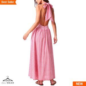 Halter Maxi Dress Gingham Plaid Backless Sleeveless Midi with Pockets